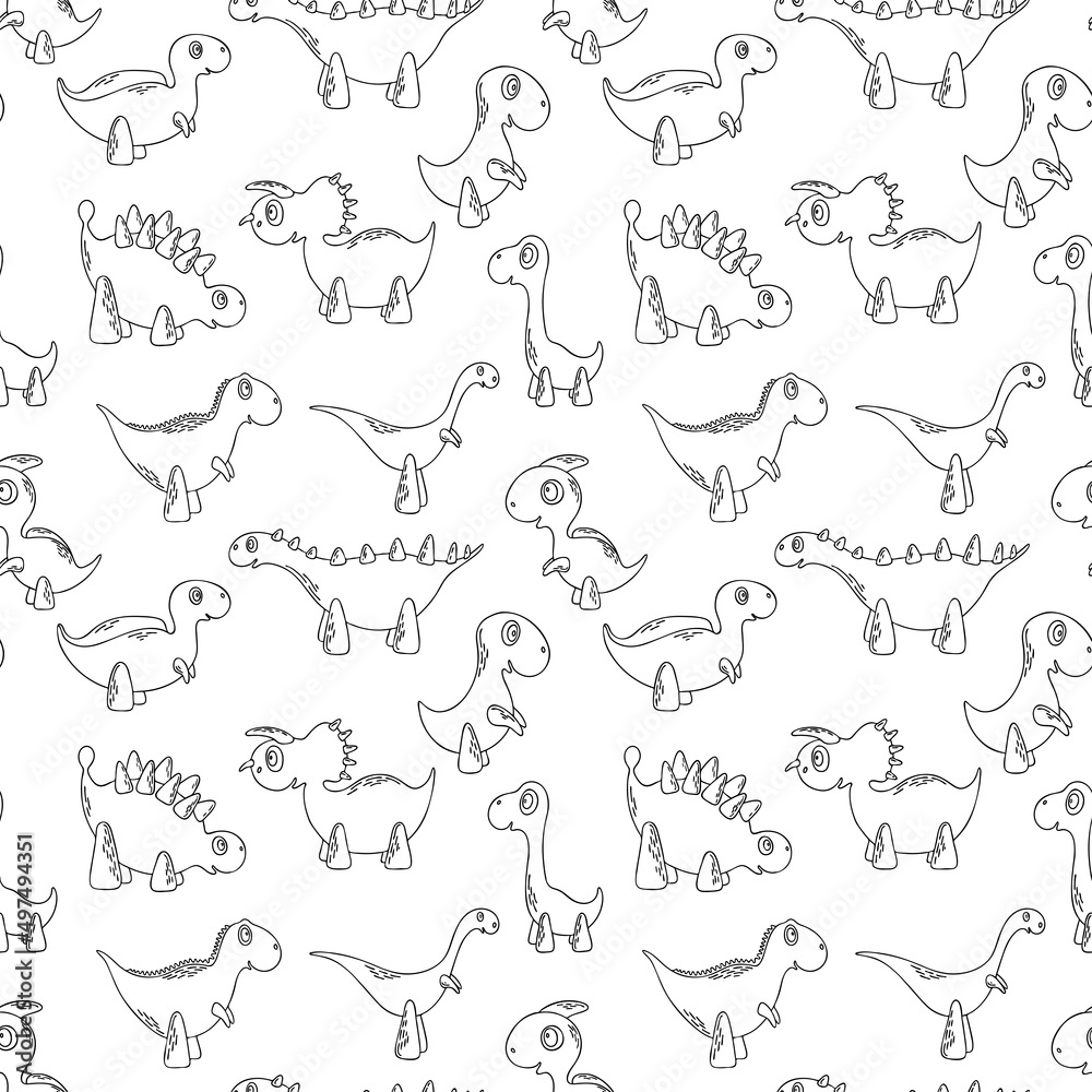 Seamless pattern of a cartoon Dinosaurs. Outline vector illustration with cute children characters. For wallpaper, print, fabric, textile, kids room decor.