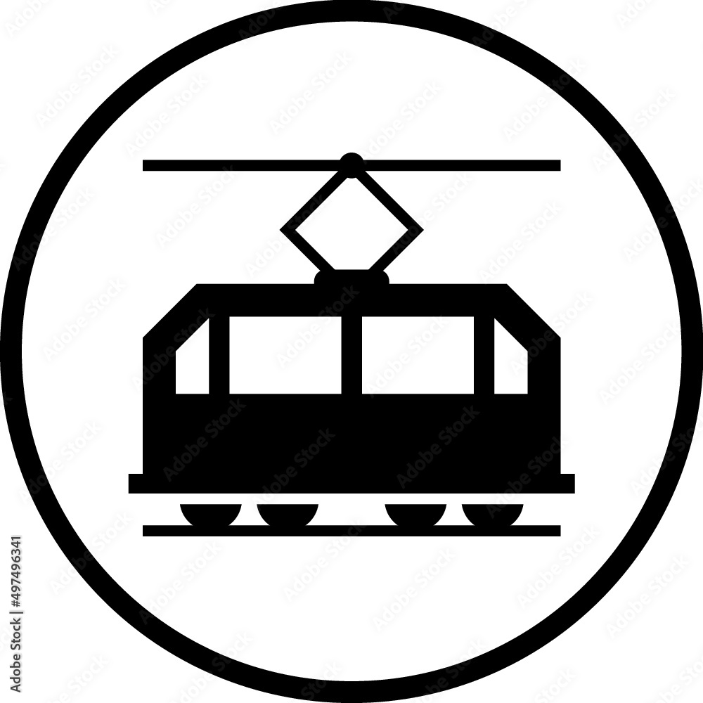 Streetcar tram on the railway track. Electric street transport traffic sign. Trolley vector icon isolated
