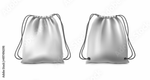 3d realistic vector icon set. White and black pack. Drawstring bags with handles. Isolated on white backgroind.
