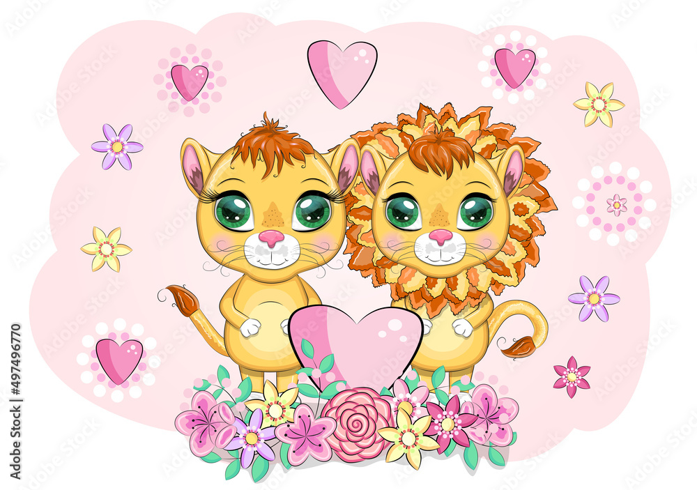 baby shower invitation for boy and girl.Blue and pink chevron background with Cute cartoon lion and lioness with big eyes in a bright style of children.