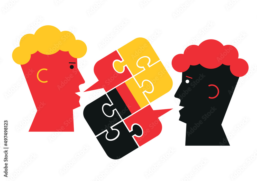 German language lesson dialog, male heads symbol. Two students and ...