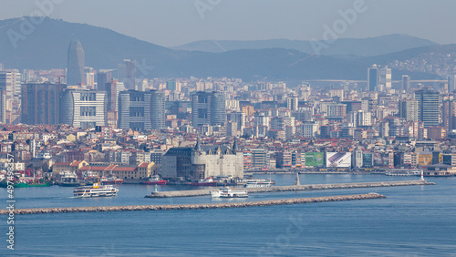 Aerial zoomed panoramic view of Kadikoy coast and Haydarpasa Train Station with the Anatolian Side architecture in the background in Kadikoy, Istanbul, Turkey on March 28, 2022. © tolgaildun