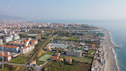 Fototapeta Naklejka Na Ścianę i Meble -  Aerial view of Albernga in Liguria, Italy on the shore of the Meditteranean
