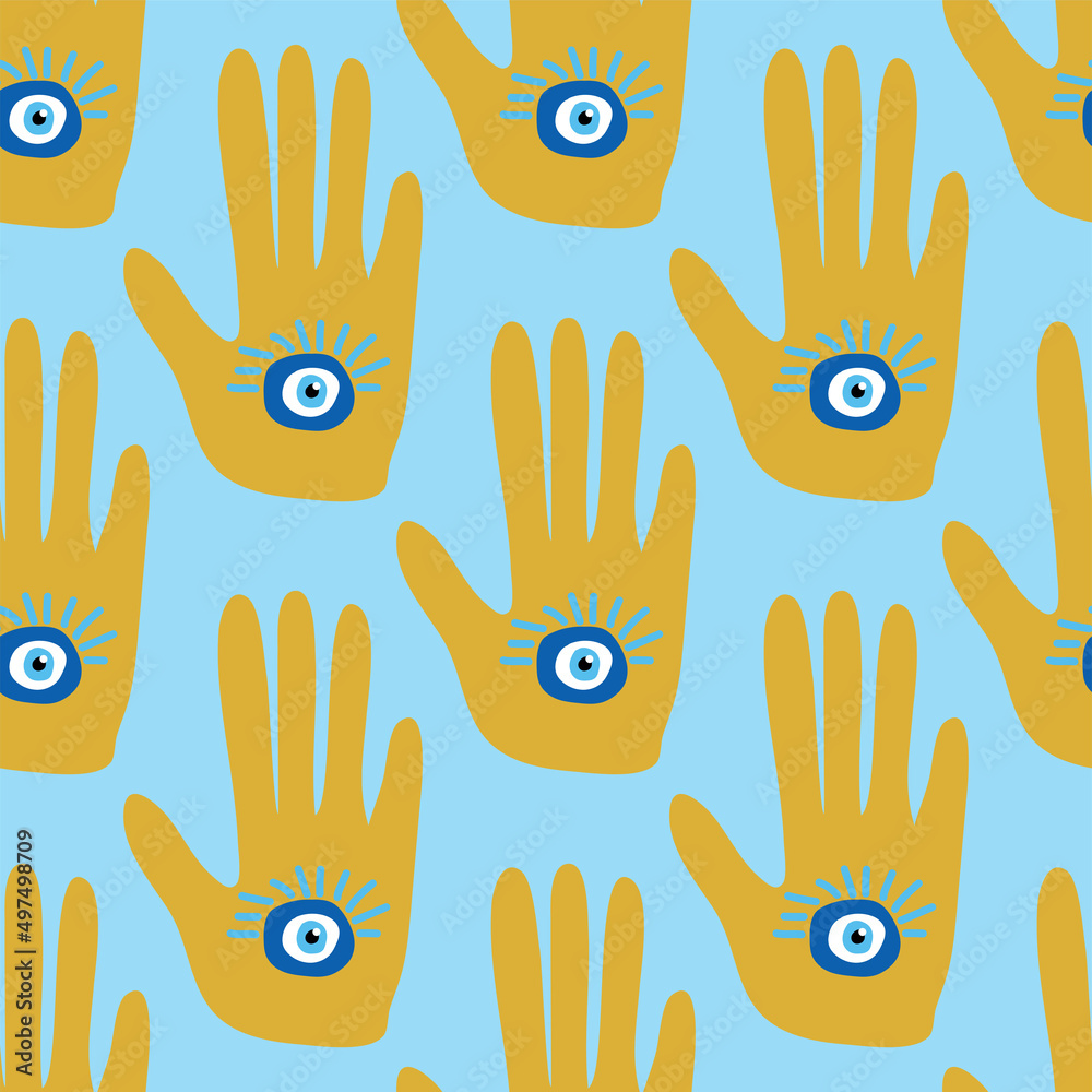 Fototapeta premium doodle seamless pattern Hamsa eye, magical eye, decor element. Pink, green, golden eyes. Fabric textile