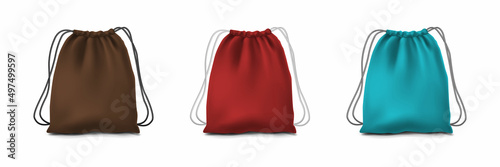 3d realistic vector set of three sport backpacks in brown, red and blue color.
