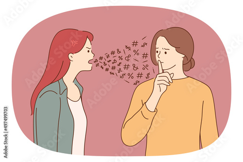 Problems in communication and conflict concept. One woman feeling angry shouting at another girl showing silence gesture with hand vector illustration 