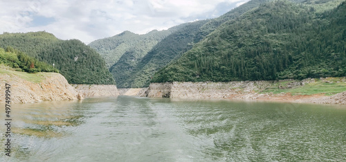 Panoramic view of a river flowing through mountains and dense forest under a cloudy sky