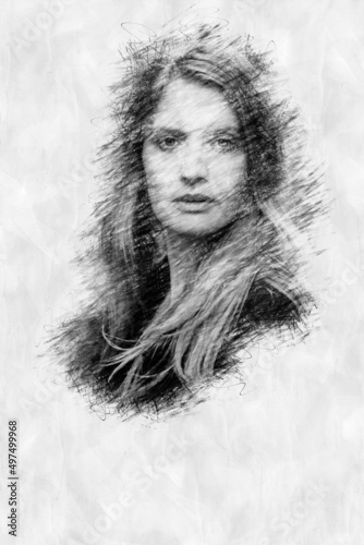 Fototapeta Naklejka Na Ścianę i Meble -  portrait of a confident woman in pencil drawing style