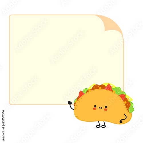 Cute funny taco character with speech bubble. Vector hand drawn cartoon kawaii character illustration icon. Isolated on white background. Taco character concept
