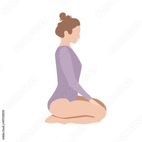A girl with a bun on her head does yoga. A woman is sitting sideways in a yoga pose.