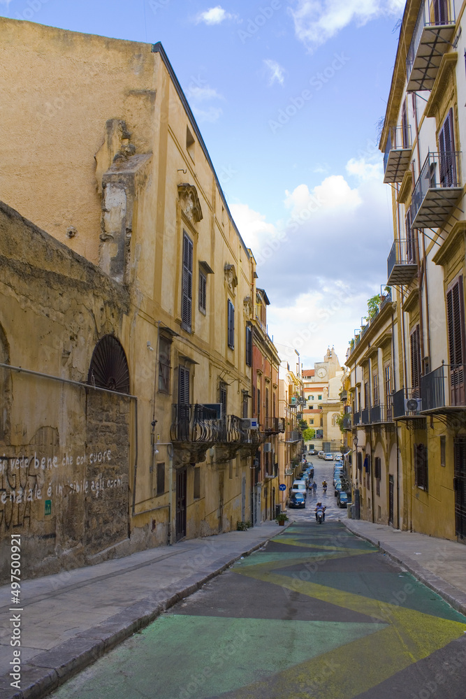  Typical street in Old Town in Palermo, Italy, Sicily