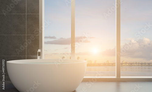 Modern bathroom including bath and sink. 3D rendering.. Sunset. © COK House