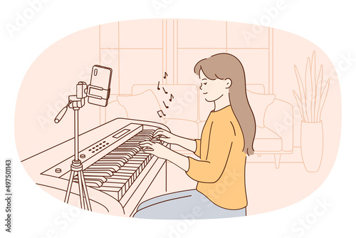 Vlogger and music record concept. Young female sitting playing piano making record of music on smartphone on tripod for her social media vector illustration 