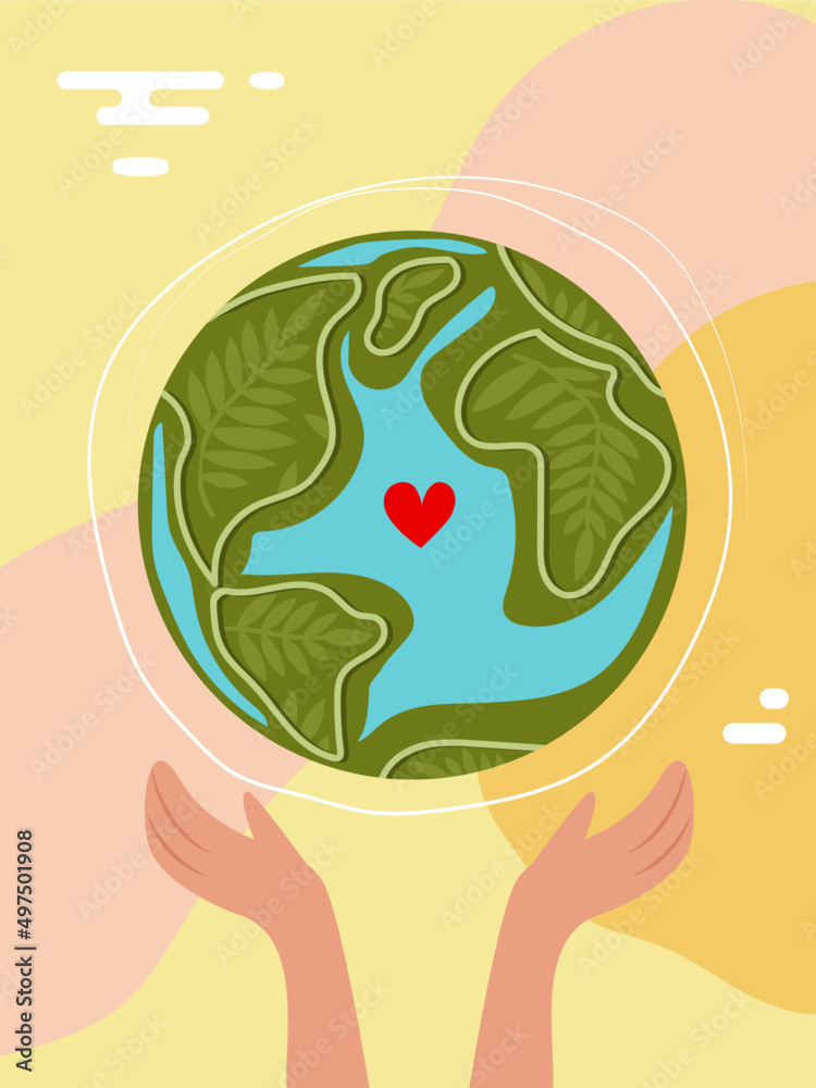 Earth Day hand illustration with planet Earth, flowers and herbs. Ecology, world environment day, mother nature care concept. Vector illustration
