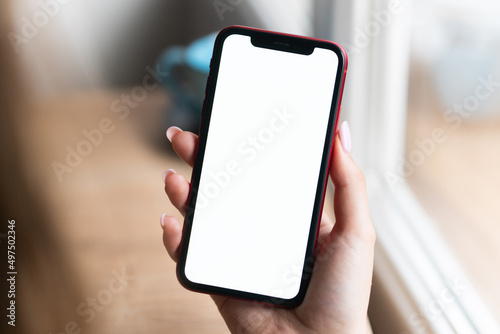 Young man hands holding mobile smart phone with mockup white blank display, empty screen at home. Shopping, delivery apps, social media applications ads,  close up view. © Jimmy Tudeschi