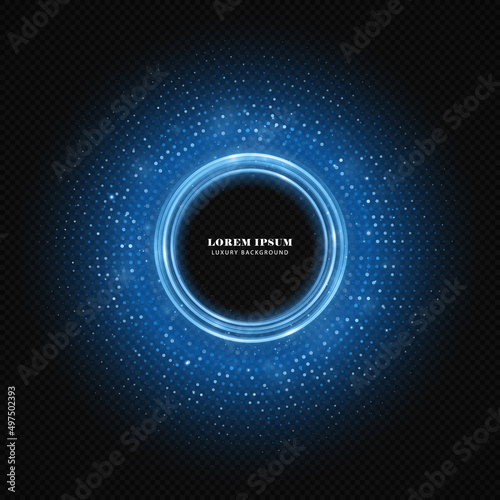 Abstract luxury blue circle shape with glitter dots on dark background. Circle halftone dots. Holiday banner design.