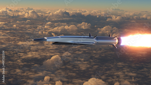 Stampa su tela Hypersonic rocket flies above the clouds