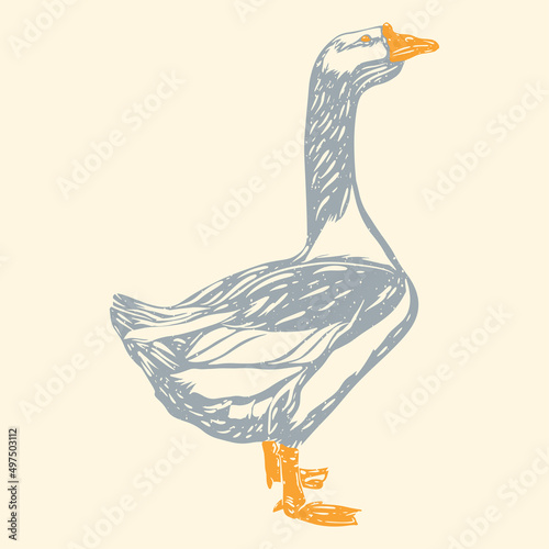 Goose. Colorful cute screen printing effect. Riso print effect. Vector illustration. Graphic element  for fabric, textile, clothing, wrapping paper, wallpaper, poster.