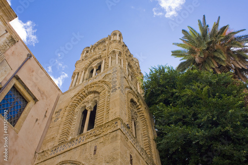 Martorana bell tower of Church of Santa Maria della Ammiraglio (or Cathedral of St. Nicholas Greek) in Palermo, Italy photo