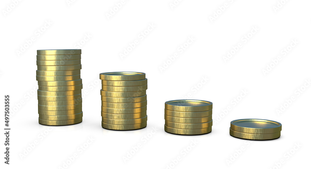 Golden coin stacks, decline tendency concept, 3D illustration Golden coin stacks, decline tendency concept, 3D illustration