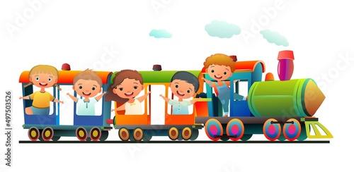 Locomotive rides on railroad. Funny kids. Cartoon style illustration. Multicolored wagons. Cute childish. Isolated on white background. Vector