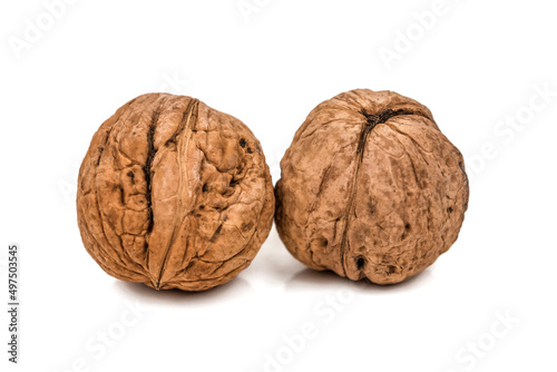 two ripe walnut on white