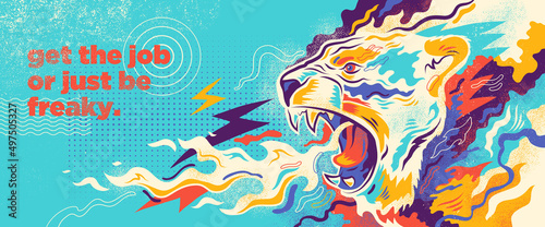 Abstract illustration in graffiti style with lion's head and colorful splashing shapes. Vector illustration.