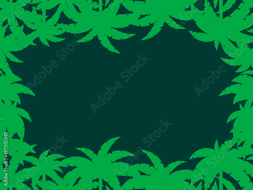 Palm leaves frame with place for text. Green outline of palm leaves in a flat style. Template design for invitations  flyers and greeting cards. Vector illustration