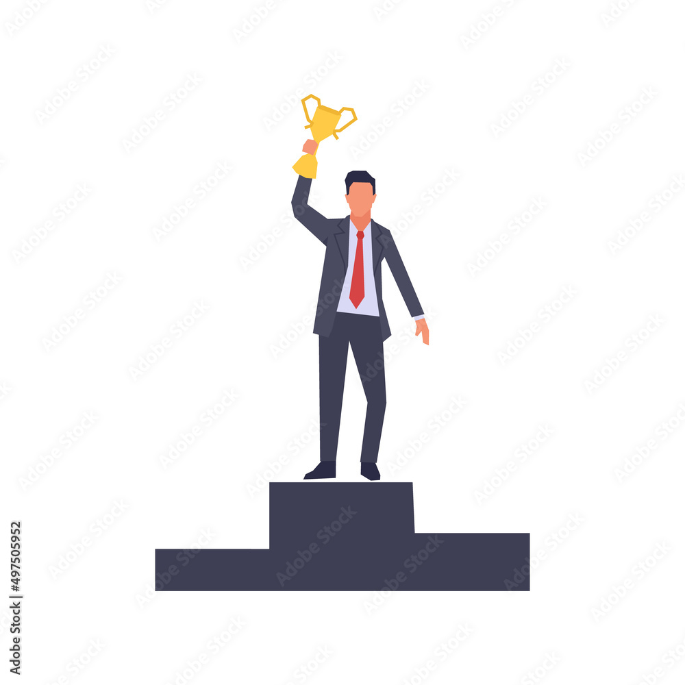 Guy standing at first place position and holding winner trophy cup simple flat vector character illustration.