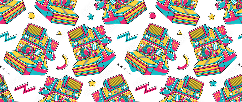 Naklejka premium 90's Vibe Vintage Camera Seamless Pattern