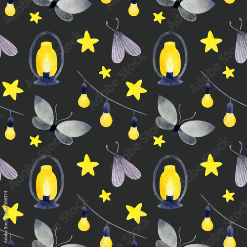 Seamless pattern of hand-drawn flying moths, glowing garden lantern, and electric lightbulbs garland on the starry dark sky background. Cute summer night background with gray butterflies.