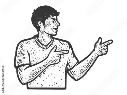 Winning man is happy and points fingers sketch engraving vector illustration. T-shirt apparel print design. Scratch board imitation. Black and white hand drawn image.