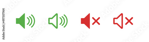 Sound icon in flat style on white background. Isolated volume symbol. Red and green icons.