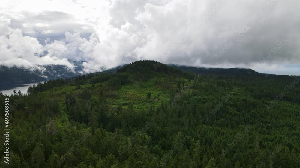 Lush green forest and stunning mountains on the Sunshine Coast Trail in British Columbia, Canada. Wide angle aerial panning shot Lush green forest and stunning mountains on the Sunshine Coast Trail in British Columbia, Canada. Wide angle aerial panning shot