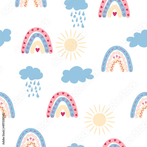 Rainbow seamless pattern in pastel colors. Scandinavian baby hand drawn illustration for textiles and newborn clothes.