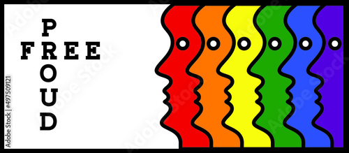 stylized simple 1960's pop art style human face profiles in lgbt rainbow colors, pride month concept against violence, discrimination, human rights violation. Lgbt greeting card, banner or poster