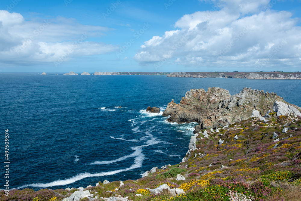 The atlantic ocean at the Pointe de Dinan, a cape on Crozon peninsula in Finistère, Brittany, France
