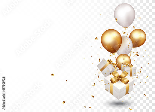 gift box with gold confetti and balloons, isolated on transparent background