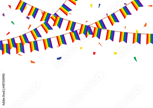 Rainbow bunting flags and confetti isolated on white background. Concept of LGBT celebration, pride month.