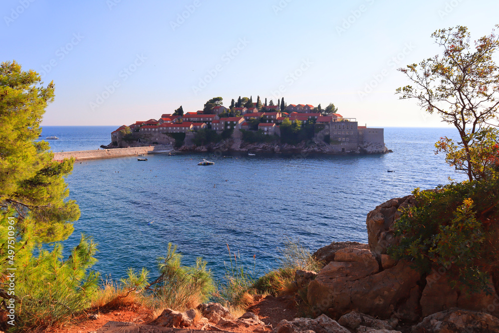 View of Sveti Stefan Island in a beautiful summer day in Montenegro