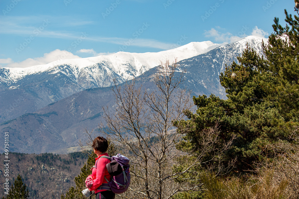 promeneuse devant le Canigou enneigé, hiker woman in the mountains