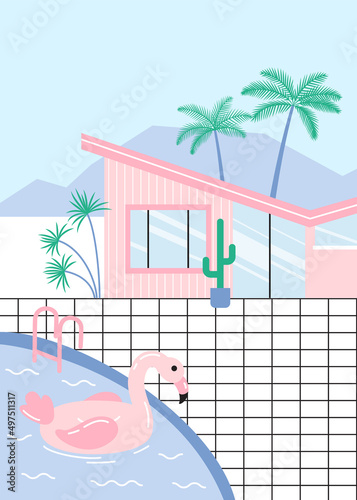 Mid century modern house with palm trees and pool
