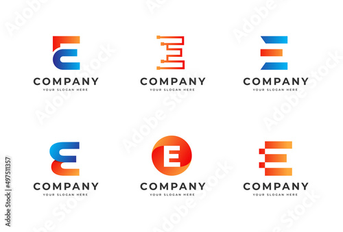 Big bundle set of colorful letter e logo design. Vector design element, with variety e logo gradient style element, business sign, logos, identity, vector illustrations.