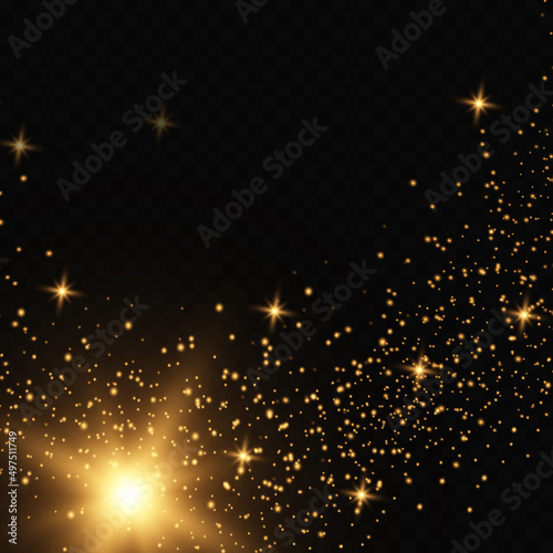 Flying glitter golden star effect. The glow of dust and glare, a beautiful background of the sky on a transparent background.