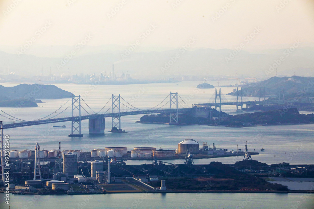 Setoo Bridge connecting Sakaide City, Kagawa Prefecture and Kojima, Kurashiki City, Okayama Prefecture, and the surrounding Seto Inland Sea Setoo Bridge connecting Sakaide City, Kagawa Prefecture and Kojima, Kurashiki City, Okayama Prefecture, and the surrounding Seto Inland Sea