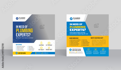 Plumbing service social media post design. Professional plumbing service flyer poster template.