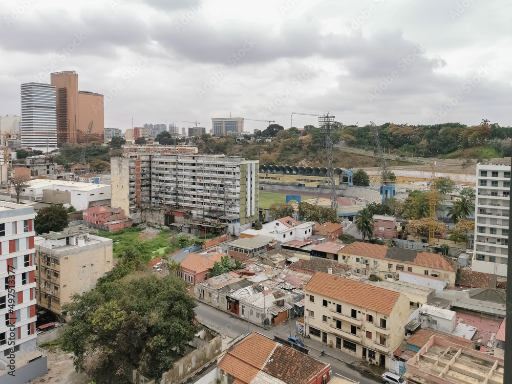Aerial view of downtown Luanda, Coqueiros district, Coqueiros Stadium, marginal and central buildings, Ingombota, Luanda Angola