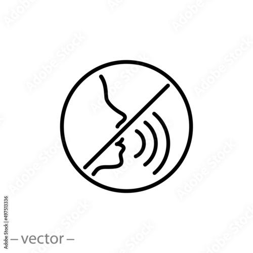 don't speak icon, talk forbidden, please silence, thin line symbol on white background - editable stroke vector illustration