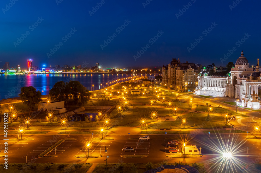 Kremlin embankment in the rays of night lights. Kazan. Tatarstan.