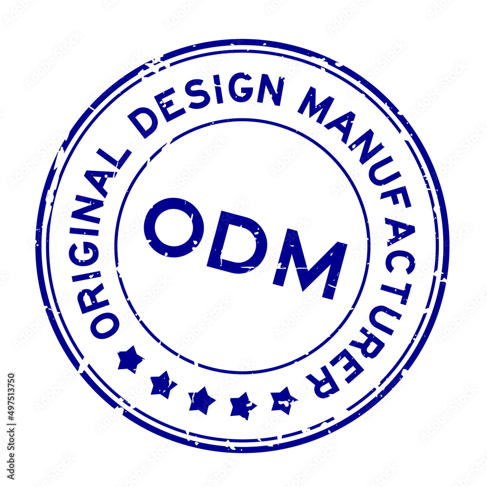 Grunge blue ODM Original Design Manufacturer word round rubber seal stamp on white background